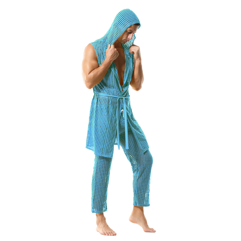 Men's Fishnet Hollow Out Robes Classic Lounge Pants Sexy Sleepwear Mens Robe Sets Daily Home Sleeveless Bathrobes Hooded Pajamas
