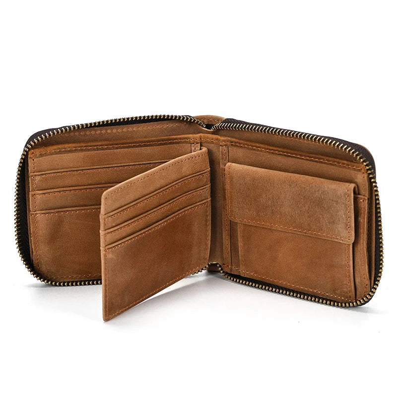 Men Crazy horse Genuine Leather Coin Wallet Real Leather Snap Short Purse Women Coin Pocket Zip Around Small Trifold Pocket