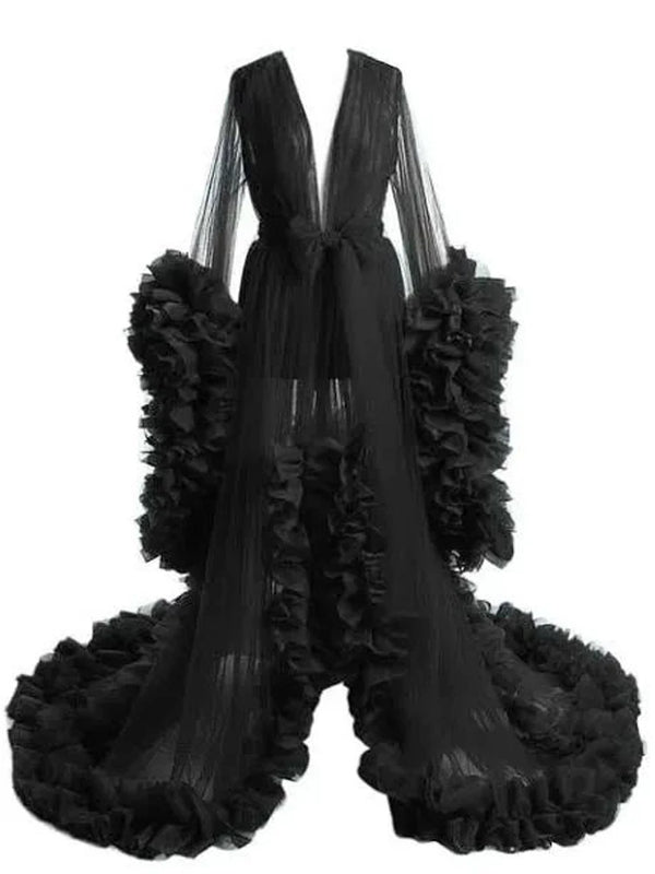 Women's Dressing Gown Perspective Sheer Long Tulle Robe Puffy Pregnancy Maternity Dress for Baby Shower Nightgown Sleepwear