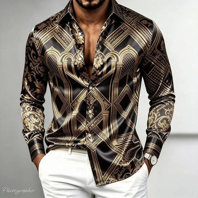 Men's Retro Baroque Printed Satin Silk Shirt Long Sleeved | SAMAG