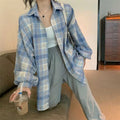 Lazy BF style shirt jacket for spring 2024 new retro plaid loose lantern long sleeved outerwear versatile top women's fashion