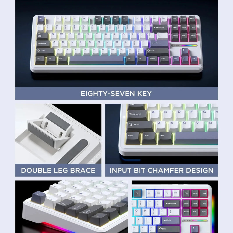 AULA F87 Pro Mechanical Keyboard 2.4g/Usb/Bluetooth Tri Mode Wireless 87 Key Rgb Pbt Gasket 5 Layer Silencing Full Key No Impact