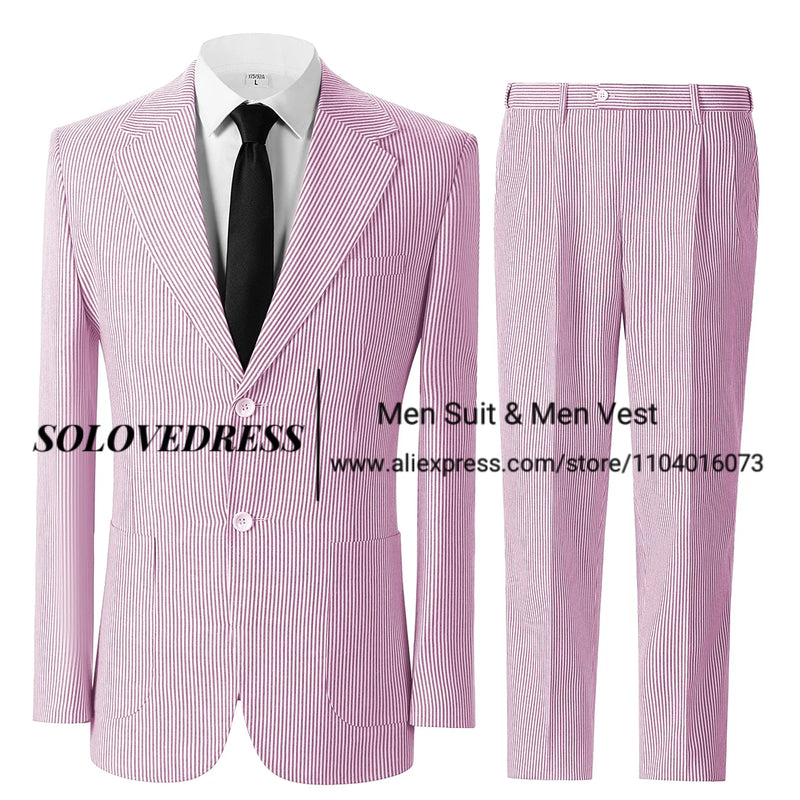 Men's Seersucker Striped Suits 2 Piece Slim Fit Summer Casual Pinstripe Suit for Men Wedding Grooms Blazer Jacket Pants Sets