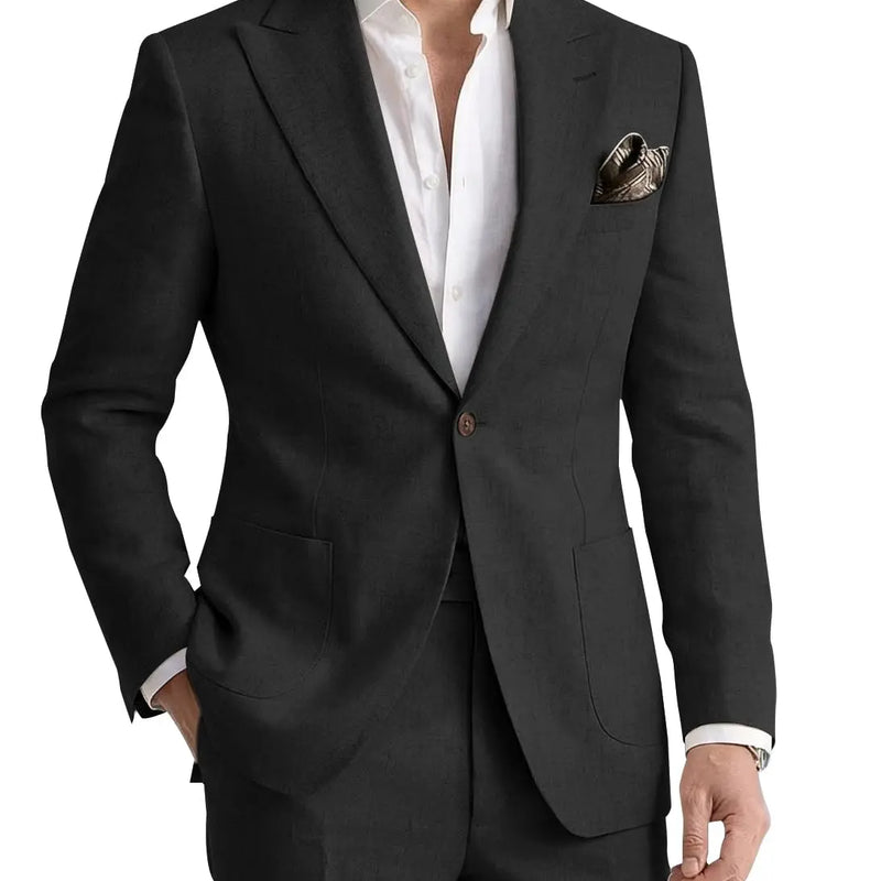 Men's 2 Pieces Linen Suits Casual Lightweight Summer Beach Groom Wedding Suit Linen Blazer Pants Set