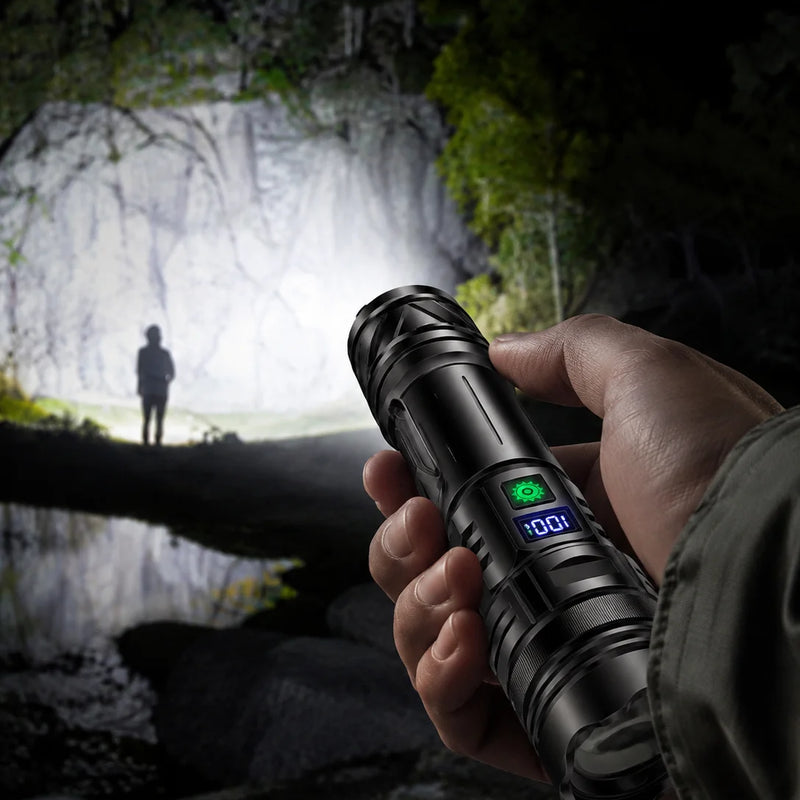 Rechargeable LED Flashlight with 3 Modes, Adjustable Zoom, Waterproof Body and Power Display