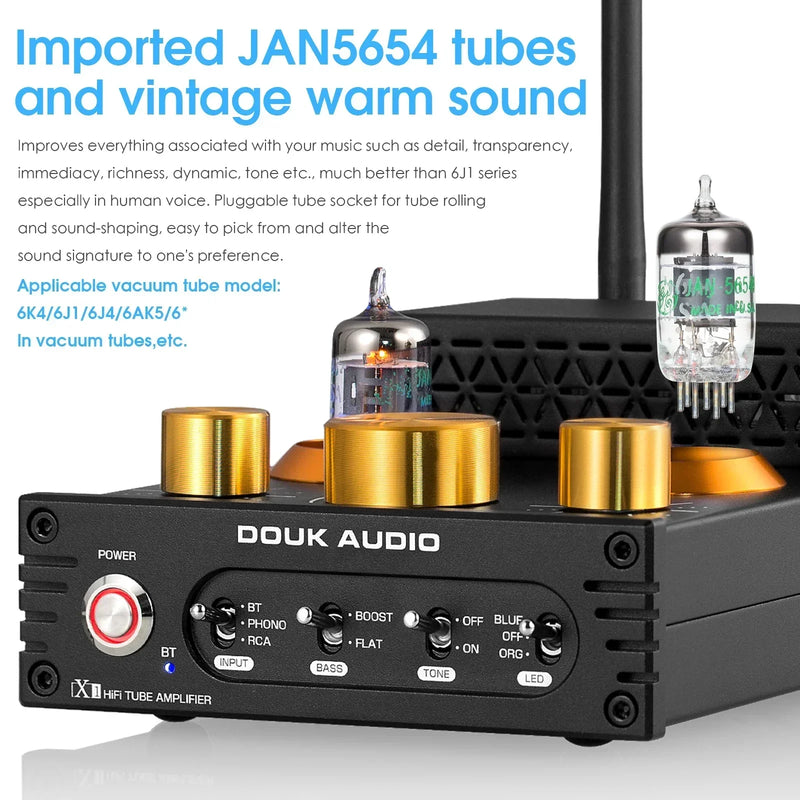 Douk Audio X1 HiFi JAN5725 Vacuum Tube Amplifier Bluetooth5.0 Receiver MM Phono Amp for Home Turntables Power Amp APTX-HD 160W*2
