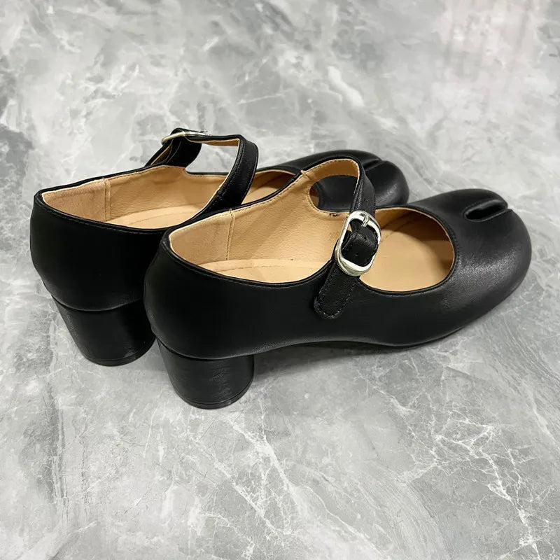 Ballet Style Fashion Split toe Mary Janes Women Pumps Comfortable Soft Leather Thick High heels Spring Summer Tabi Chunky Shoes