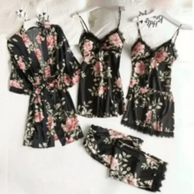 5-piece Set of Women's Sleepwear Sexy Silk Nightgown Lace | SAMAG