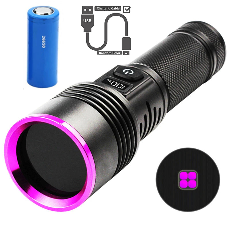 High Power Black Mirror Purple Light Detection Torch Powerful 365NM UV Flashlight Type-C USB Rechargeable LED Ultraviolet Lamp