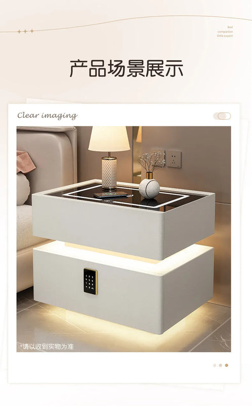 Modern Style Solid Wood Bedside Table with Wireless Charging Smart 2 Drawers Bedroom Nightstands with Lock 40/45/50cm