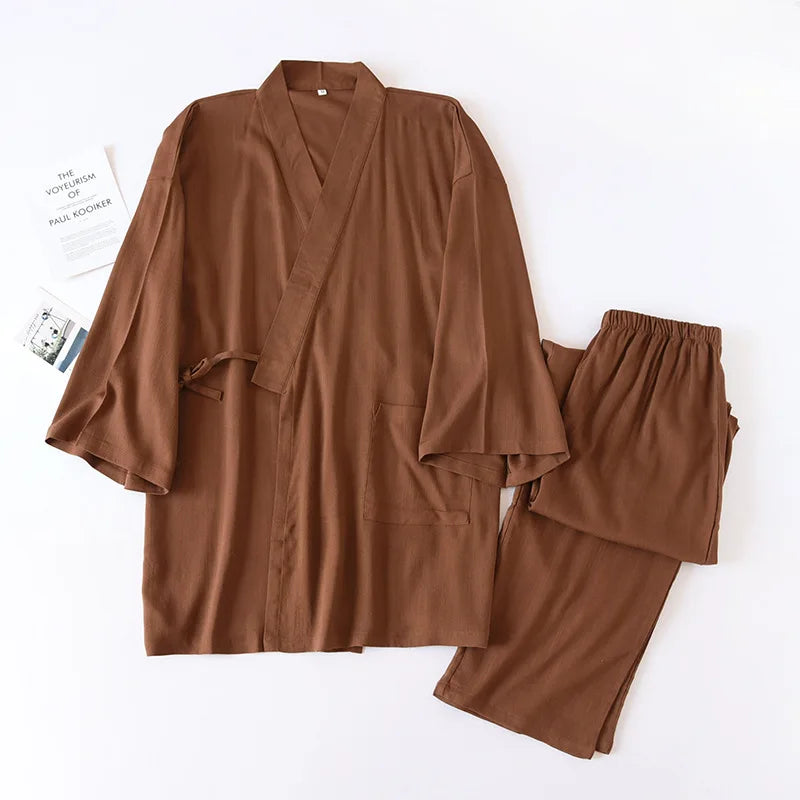 2026 Men's Japanese Kimono Robes Sets Cotton Linen Pajamas Two-piece Set Couple Loose Bathrobes Sweat Steaming Home Service Suit