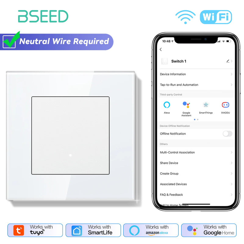BSEED WIFI Light Switch 1/2/3/4Gang 2Way Smart Click Button Switch Glass Panel White LED Indicator Tuya Smart Life Alexa Control