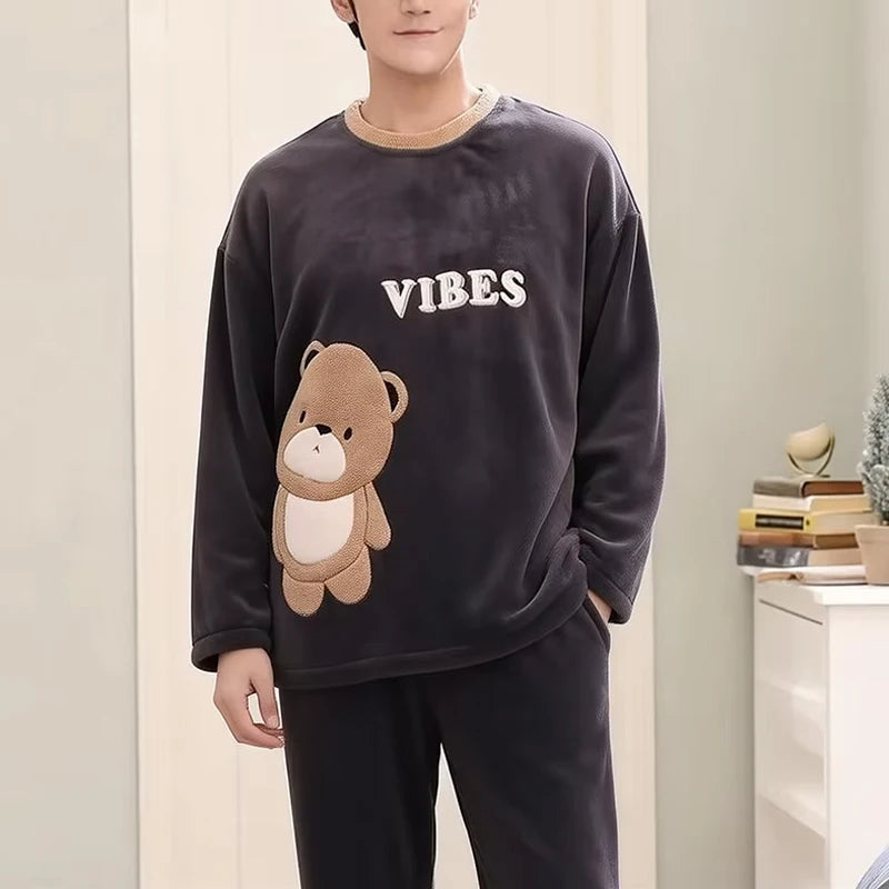Autumn and Winter Men's Pajamas Simple Casua Homewear Sleepwear Warm Coral Fleece Nightwear Plus Size Dinosaur and Bear Pattern