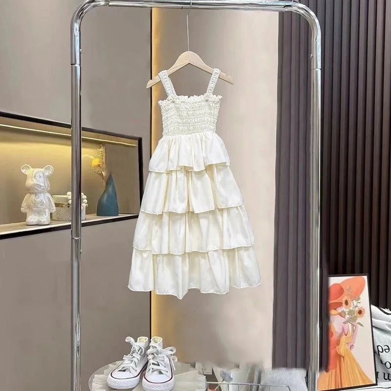 Girls Layers Slip Dress Summer Children Sling Long Gown Kids Fashion Birthday Party Vestidos New Teenager Casual Clothing
