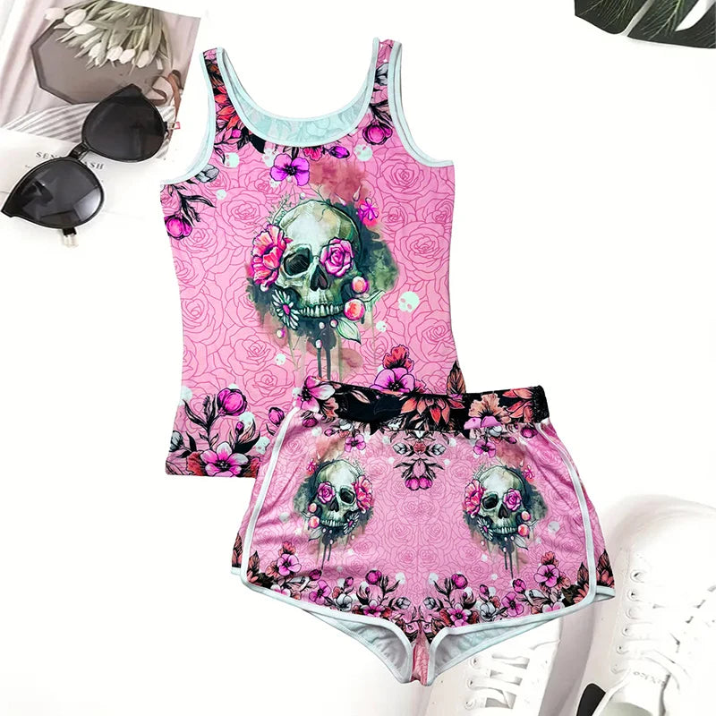Women Skull Print Vest and Shorts Two Piece Sets Summer Casual Set Women