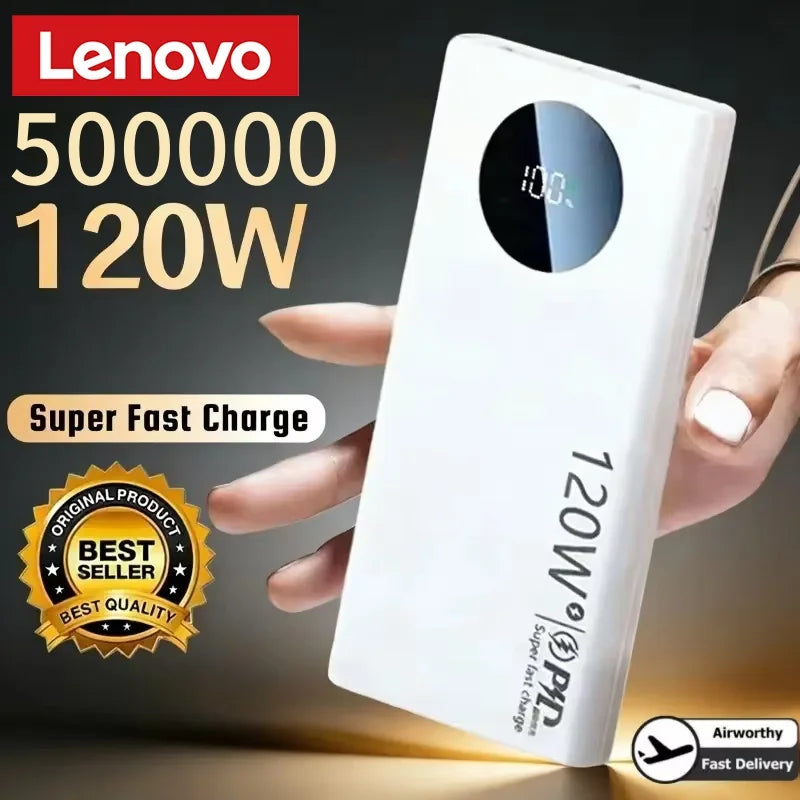Lenovo 500000mAh Power Bank 120W Super Fast Charging PD20W Dual Way Digital Display Airplane Safe CCC For iPhone Samsung Xiaomi