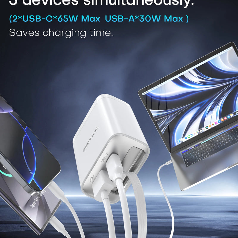 65W GaN Wall Charger with Retractable USB-C Cable, Dual-Port PD 3.0 & QC 4+ / 4.0 Fast Charging for iPhone, Galaxy, Pixel, iPad, Tablets, Nintendo Switch, AirPods