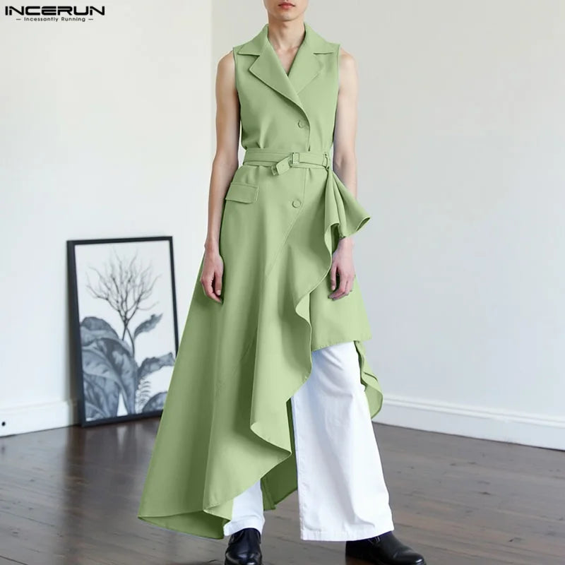 INCERUN Men Vests Solid Lapel Sleeveless Irregular Vests Men 2025 Ruffle Fashion Male Long Style Waistcoats With Belt Streetwear