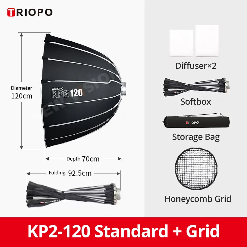 TRIOPO KP2 Parabolic Softbox 60/70/90/120cm Bowens Mount for Sokani X100 COLBOR Godox Aputure LED Video Light vs Godox QR-P