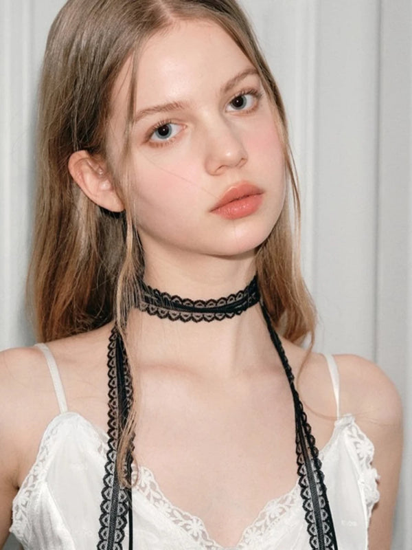 2 Pcs Retro Lace Ribbon Bow Neckband Women Fashion Simple Double Layer Long Tassel Necklace Versatile Neck Ornament Accessories