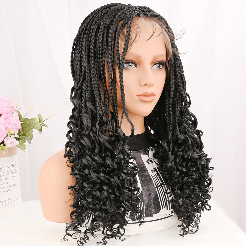 Curly Ends Synthetic Knotless Box Braids Wigs 18 Inch Full Lace Braided Wig with Baby Hair Boho Lace Wig for Quick Installation