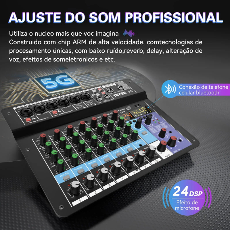 TEYUN 8 Channel Audio Mixer Professional Portable DJ Mixer Sound Table Board Digital MP3 Computer Input 48v Power Number A6 A8