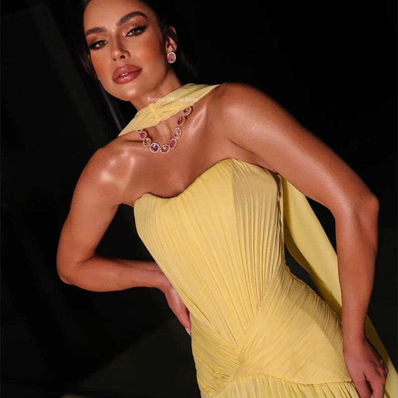 Booma A-Line Pleat Yellow Evening Dresses Sleeveless | SAMAG