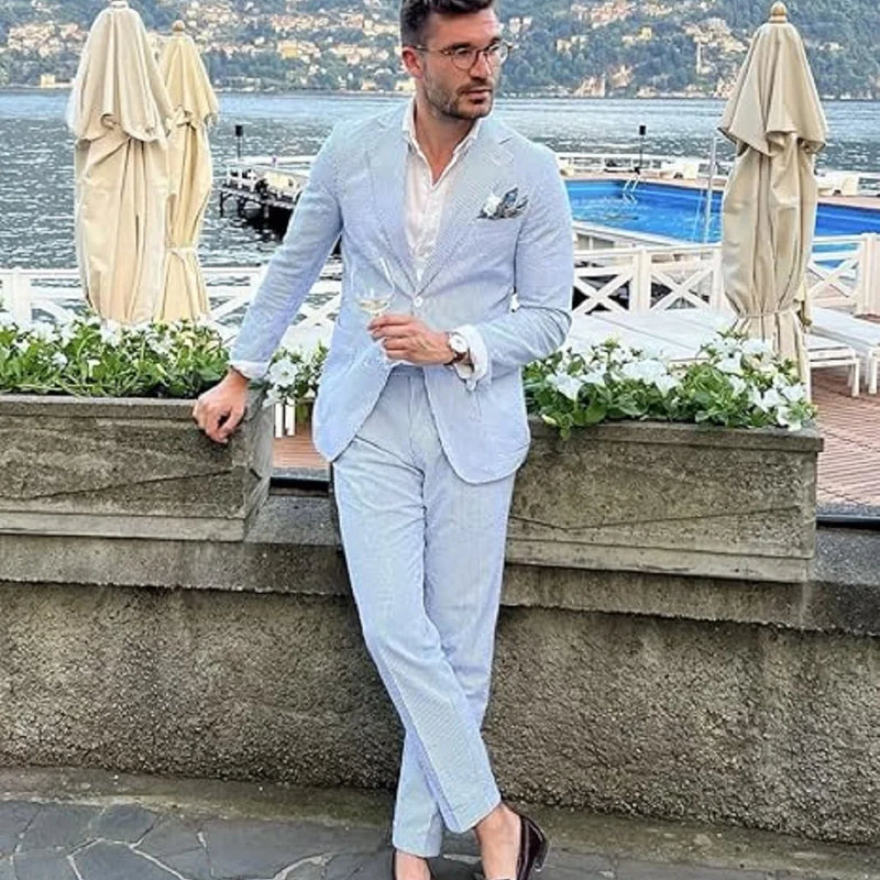 Men's Seersucker Striped Suits 2 Piece Slim Fit Summer Casual Pinstripe Suit for Men Wedding Grooms Blazer Jacket Pants Sets