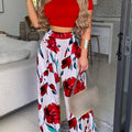 New Women's Sexy Ultra Short Top Set Summer Fashion Printed Corset Waist Long Pants Slim Elegant Female Casual Pants 2 Piece Set