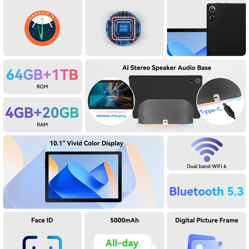 Android 15 Tablet with Charging Speaker Dock Tablets Otca-Core CPU 24GB RAM 64GB ROM 1TB Expansion WiFi 6 BT5.3 Google PC PAD