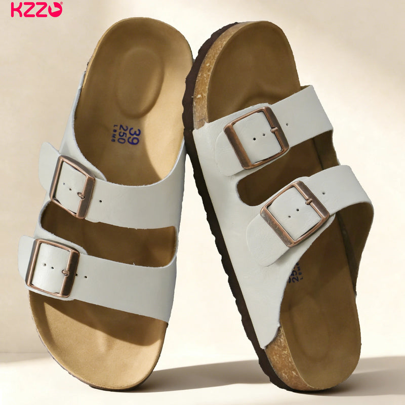 KZZO Waterproof Genuine Leather Mules for Women Non Slip Clog Shoes Outdoor Home Comfort Slip On Flat Double Adjustable Strap