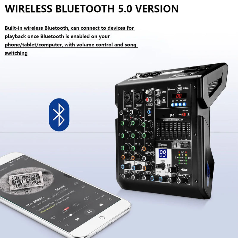 FUHAM 4 Channel Audio Mixer Bluetooth USB DJ Console 48V Phantom Power for Studio Karaoke Streaming