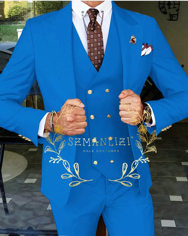Beige Business Suits For Men Tuxedos Gold Buttons Groom Groomsman Prom Wedding Party Formal 3 Pieces Sets - View 15 | SAMAG