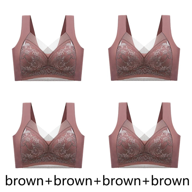 FallSweet 4PCS Plus Size Ice Silk Bra for Women Seamless Push Up Bralette Wireless Lace Brassiere Summer Underwear Lingerie Tops