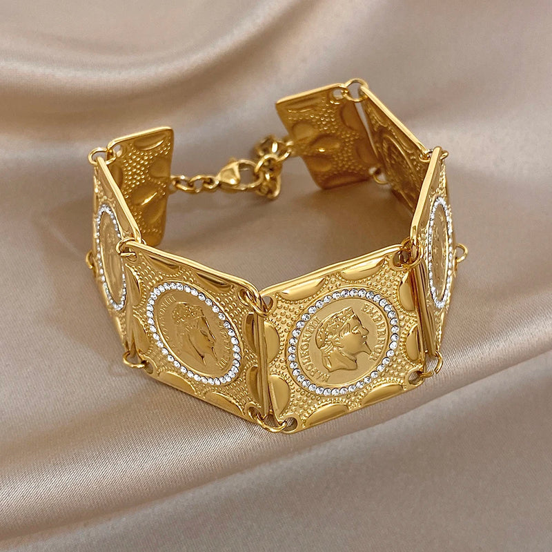 Vintage Gold Plated Stainless Steel Coins Wrist Bracelet for Women Men Classic Ethnic Cuff Bracelets Waterproof Jewelry