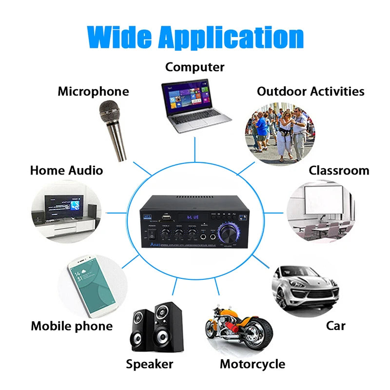 AK35/AK45 800W Home Power Amplifier 2 Channel Bluetooth 5.0 Mini Hifi Digital Stereo Sound Amplifier Support FM USB SD Mic input