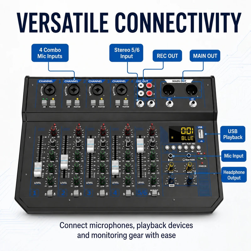 6 Channel Audio Mixer with 2 Wireless Microphones Bluetooth USB DJ Console Sound Mixer for Podcast Live Streaming Karaoke Studio