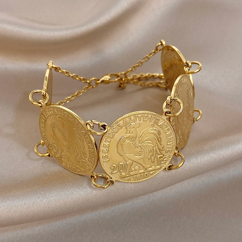 Vintage Gold Plated Stainless Steel Coins Wrist Bracelet for Women Men Classic Ethnic Cuff Bracelets Waterproof Jewelry