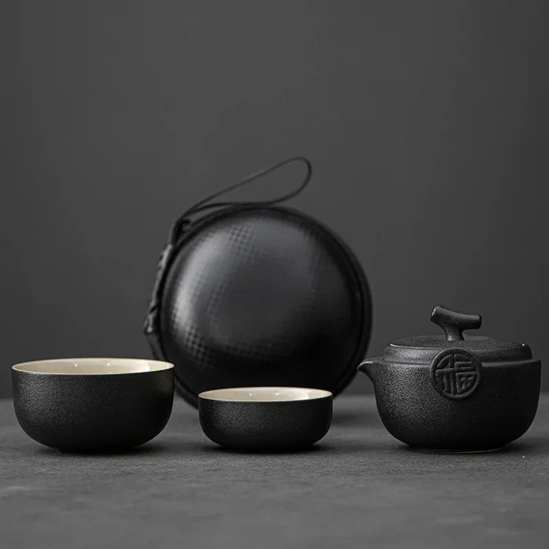 Ceramic Gongfu Travel Tea Set, Gorgeous Chinese Teapot Set with 2 Tea Cups, Portable Carrying Case