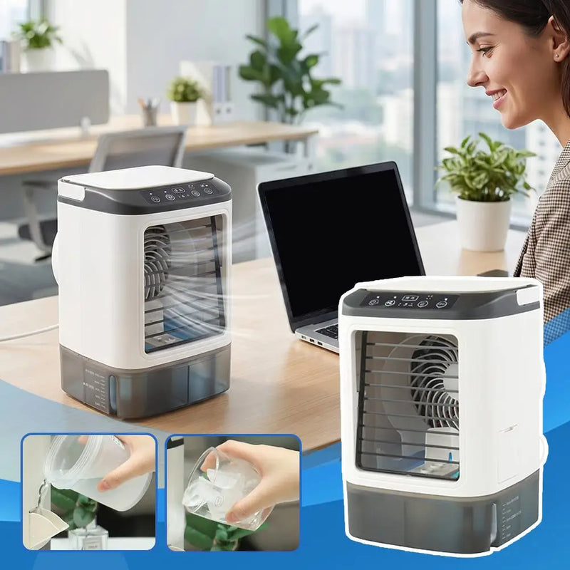 Portable Evaporative Air Cooler, USB Desktop Mist Cooling Fan with LED Light, 3-in-1 Personal Air Conditioner Fan with Ice Tray