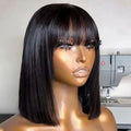 10 16Inch Short Bone Straight Human Hair Wigs With Bangs 3x2 Middle Part Lace Wig Short Bob Glueless Wig 200% Density For Women