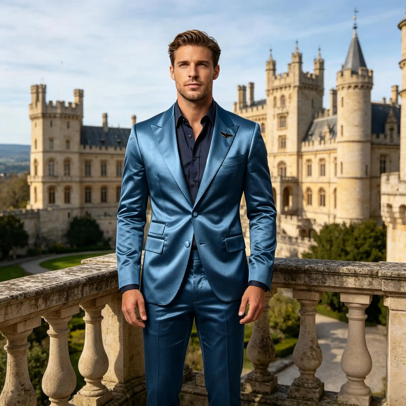 Men's Satin 2 - Piece Suit Set Slim Fit Peak Lapel Tuxedo Blazer With Straight Leg Pants For Wedding Party - View 4 | SAMAG