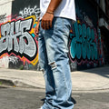 Men's Light Blue Denim Pants, Distressed Flared Jeans | SAMAG