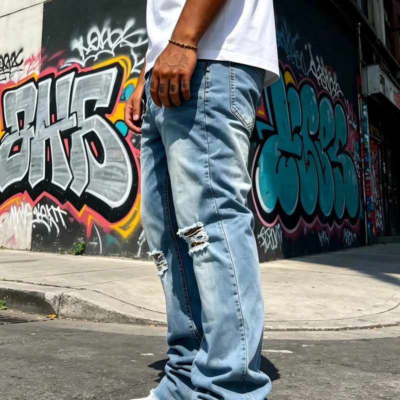 Men's Light Blue Denim Pants, Distressed Flared Jeans | SAMAG