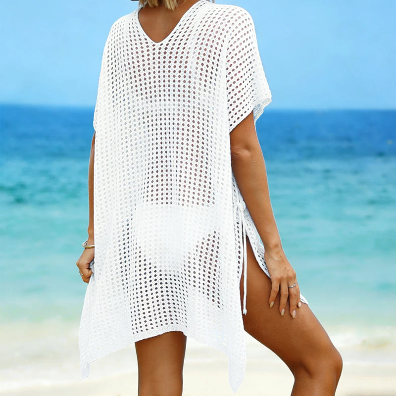 Pure Color V-Neck Side Slit Tie Up Knitted Top, Casual Loose Fit Hollow Out Beach Cover-Up, Vacation Style Plain Beachwear