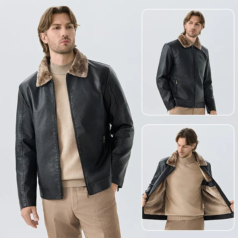 Faux Fur Faux Leather Men Jacket Thickened Plush Lining Warm PU Leather Jacket Brown Leather Jacket Winter Faux Fur Collar Coat