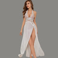 Sexy Nightgown Floral Lace Lingerie Babydolls High Waist Split See-Through V-Neck Nightdress Sleepwear Slips Nightie with Thong
