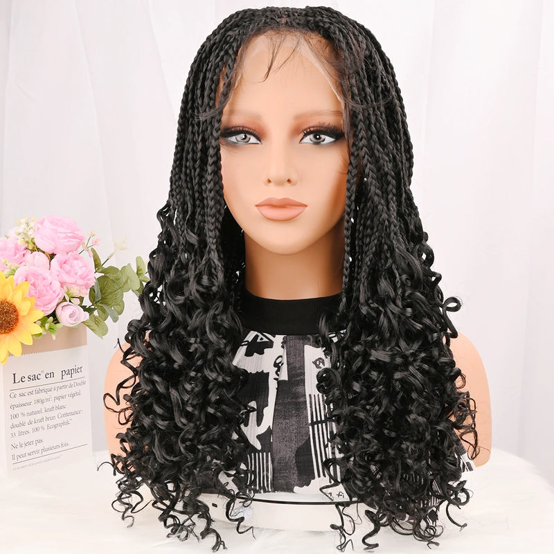 Curly Ends Synthetic Knotless Box Braids Wigs 18 Inch Full Lace Braided Wig with Baby Hair Boho Lace Wig for Quick Installation