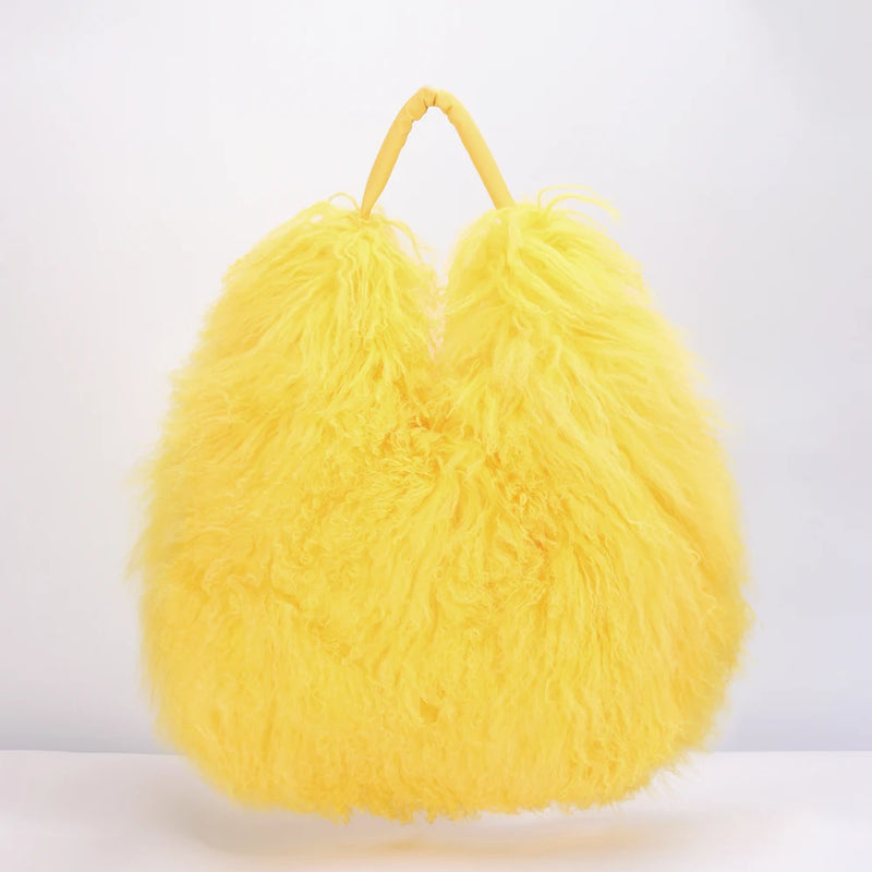 Luxury Real Mongolia Lamb Fur Handbag Soft Plush Genuine Leather Shoulder Boston Bag Women's Purse Hobo Style Fluffy Fuzzy Bags