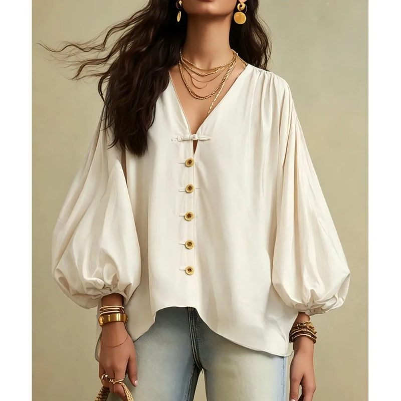 Autumn New Solid Color Fashion Single-breasted Loose Women Shirt Casual Retro Lantern Long-sleeved Versatile Female Vacation Top